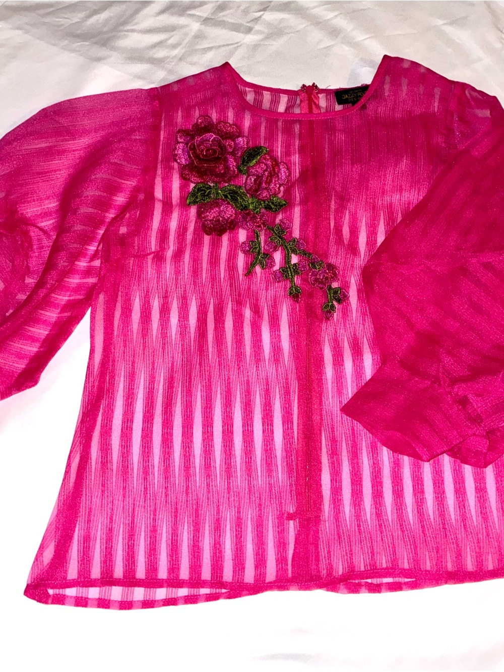 Jazzy River Designs Women’s Fuchsia Sheer Stripe Blouse with Rose Embroidery